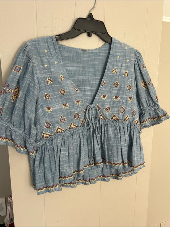 Free People Tops - Free People Dusty Blue Embroidered Tie-Front Peasant Blouse